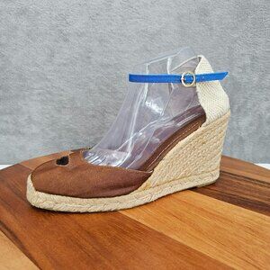 Kurt Geiger Espadrille Wedge Sandals 10 Brown Fabric Peep Toes Blue Ankle Straps